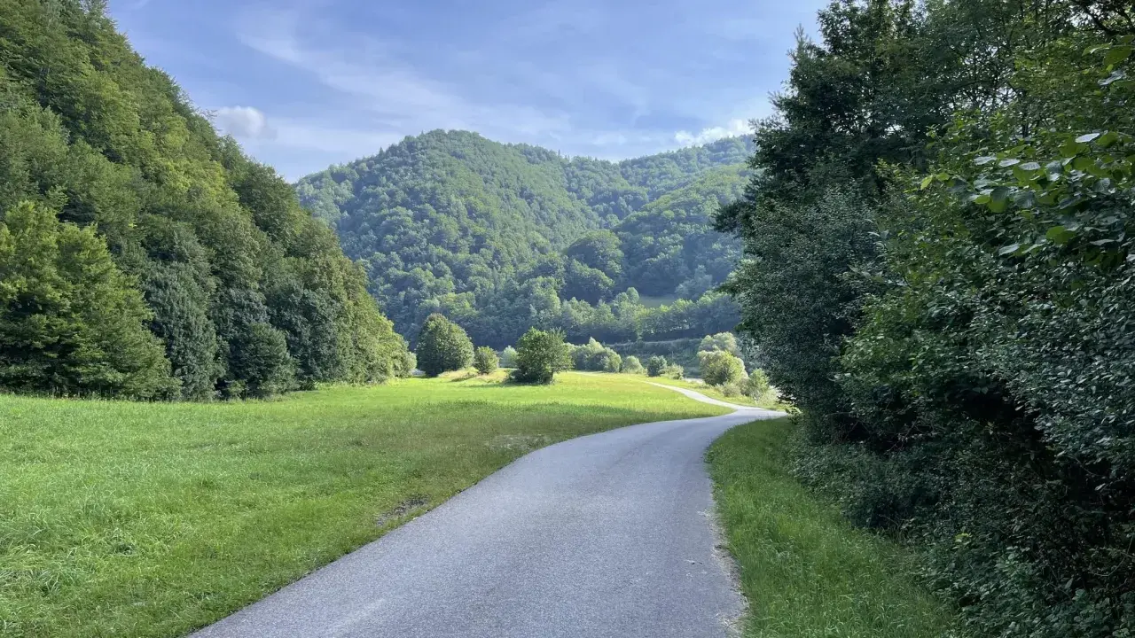 Droga wije się przez zieloną dolinę, otoczoną lasami. Idealne miejsce na przejażdżkę **velo Poprad**.