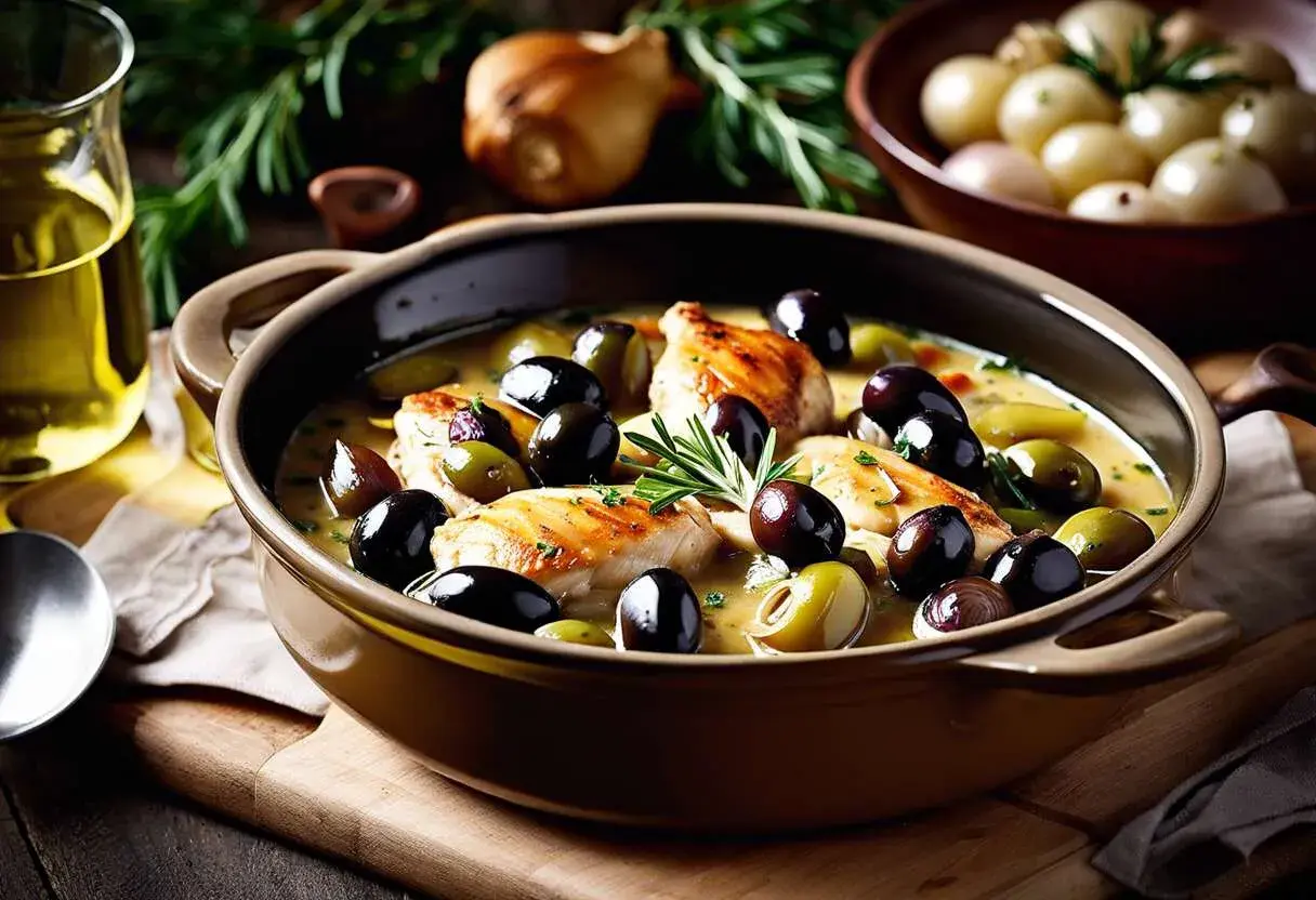 Un plat de poulet aux olives, garni de romarin frais, baignant dans une sauce onctueuse. Des oignons perlés et de l'huile d'olive complètent cette scène gourmande.