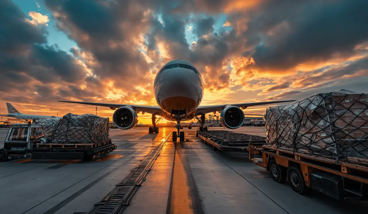 Flugzeug mit Fracht am Flughafen bei Sonnenuntergang. Die IATA regelt den weltweiten Luftverkehr.
