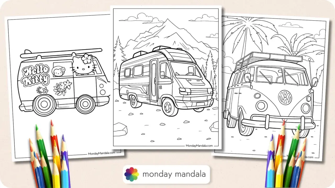 Dibujo furgoneta hippie para colorear con Hello Kitty, una camper y una VW clásica. ¡A pintar!