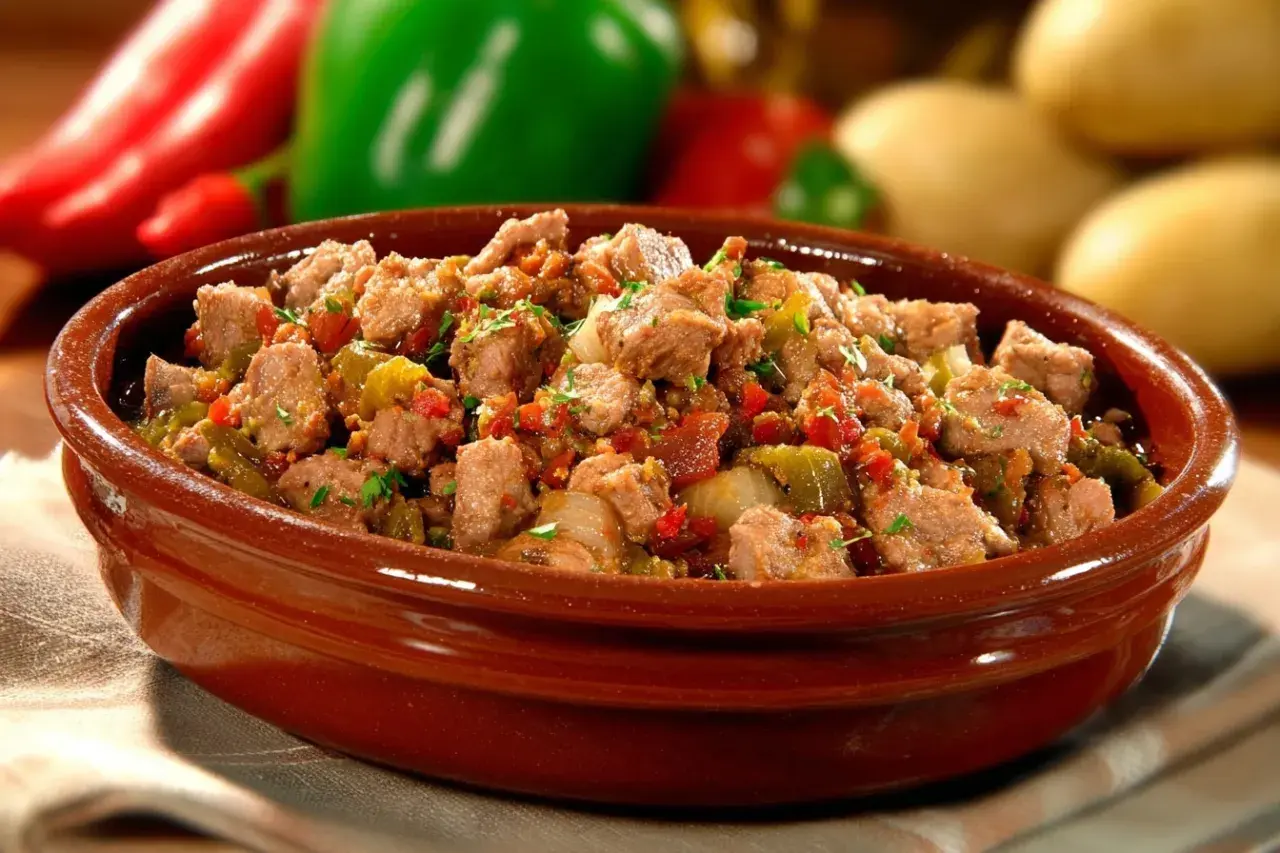 Un plat d'axoa de veau mijoté avec des poivrons et des oignons, garni de persil frais, dans un bol en terre cuite.