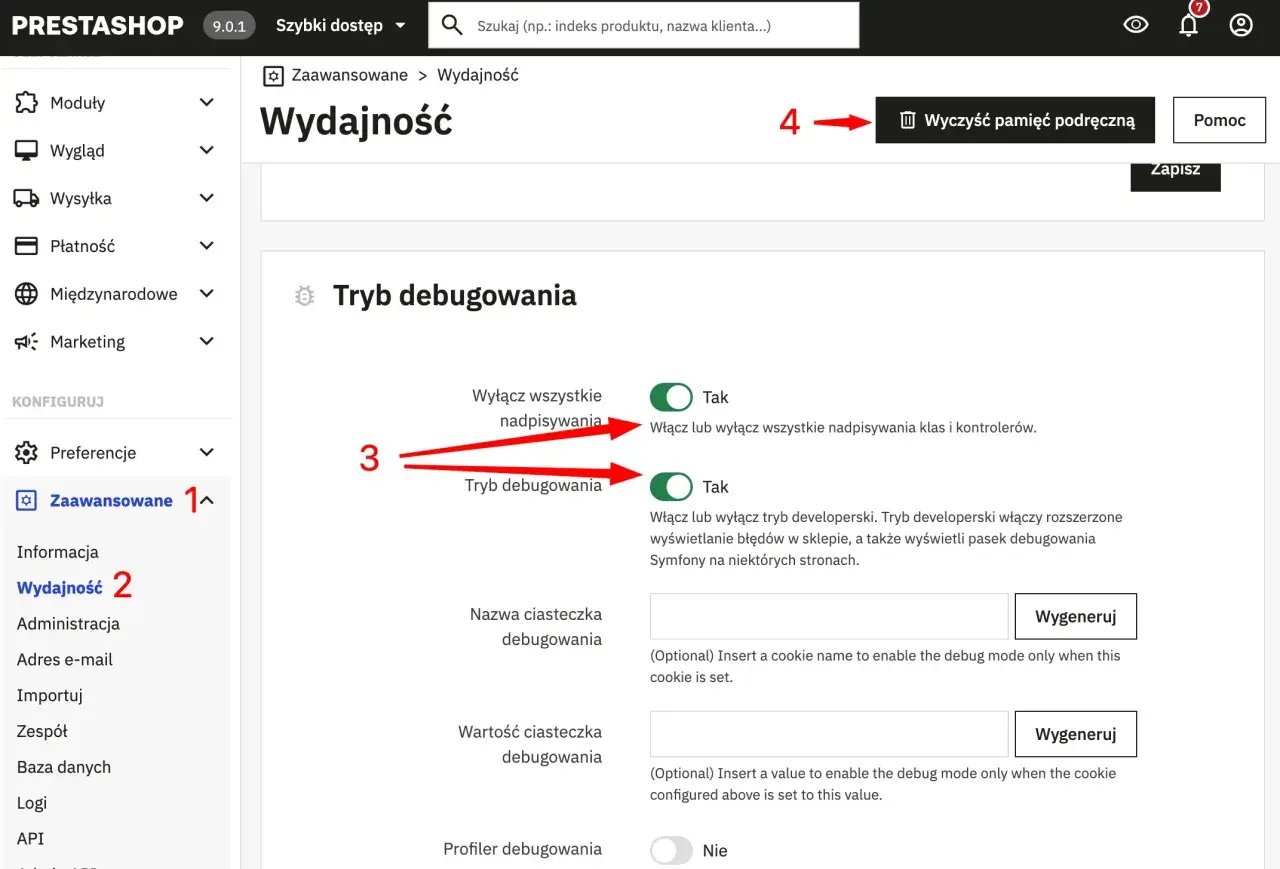 Panel administracyjny PrestaShop: zakładka Zaawansowane > Wydajność. Włącz tryb debugowania, aby wyświetlać błędy.