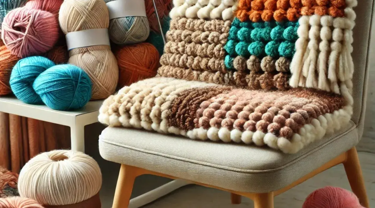 Manta tejida con texturas y colores variados, como mechas chunky delanteras, sobre una silla. A su lado, ovillos de lana de distintos tonos.
