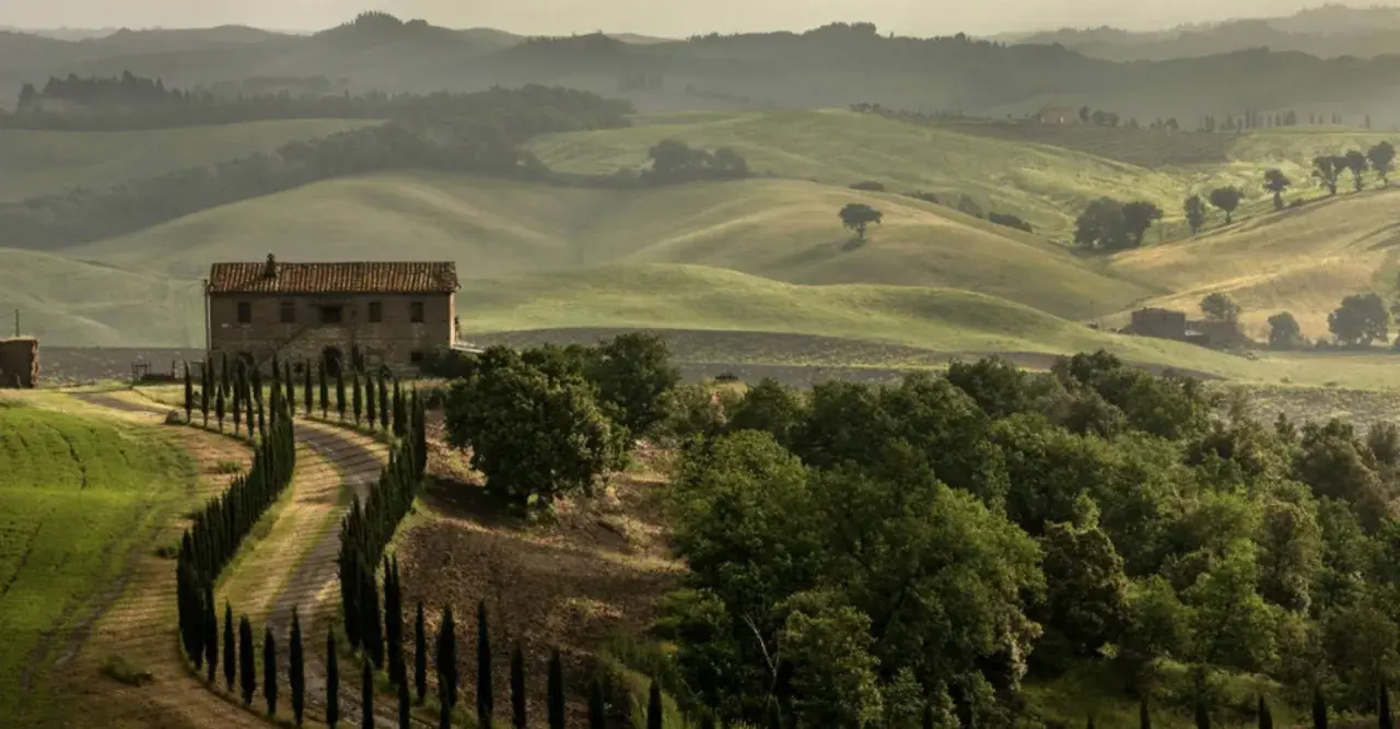 Dolci colline del Val di Merse con un casale in pietra, cipressi e campi verdi sotto un cielo nebbioso.
