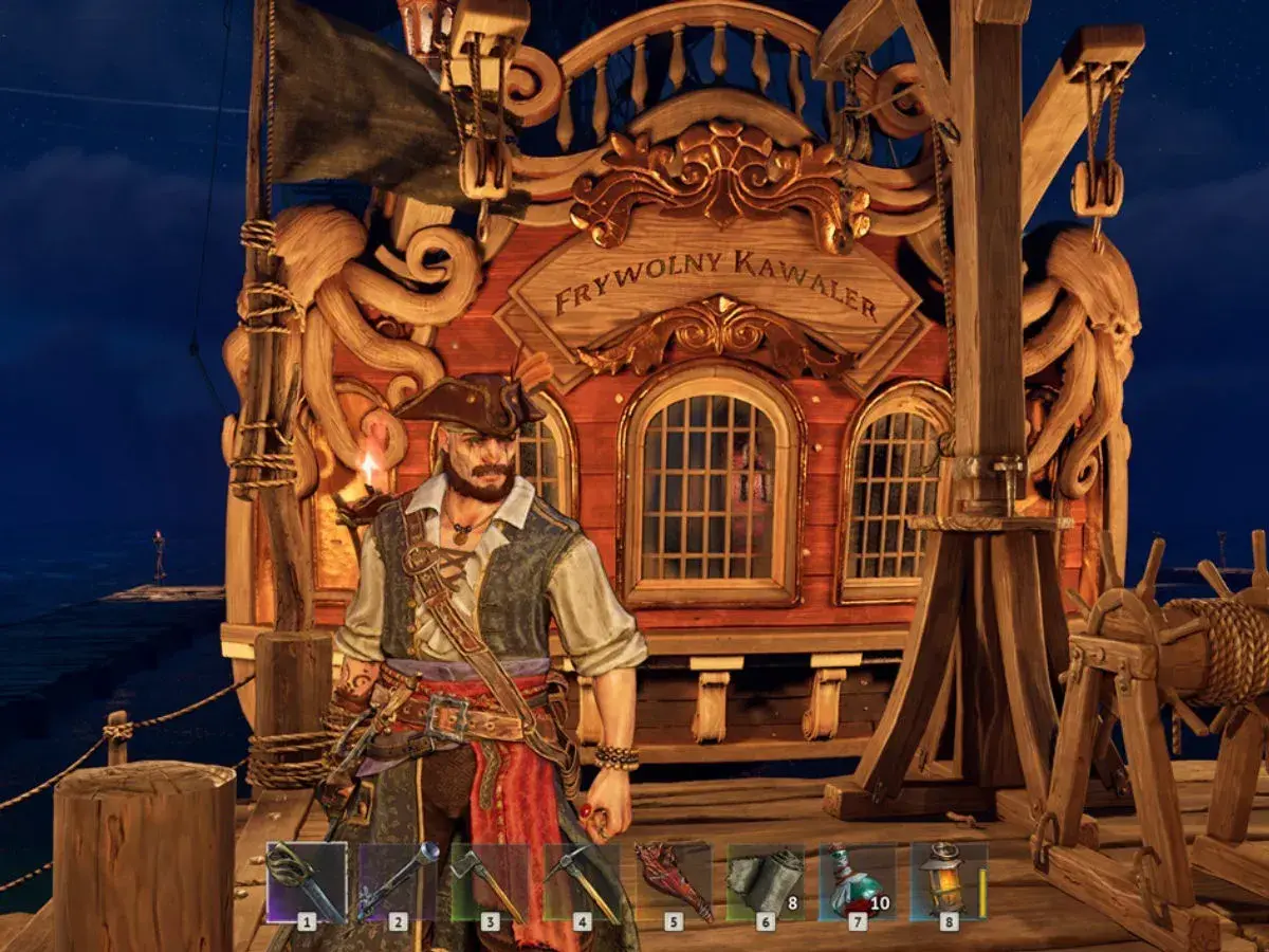 Piracki kapitan na pokładzie statku, gotowy do gry w gry survival coop.