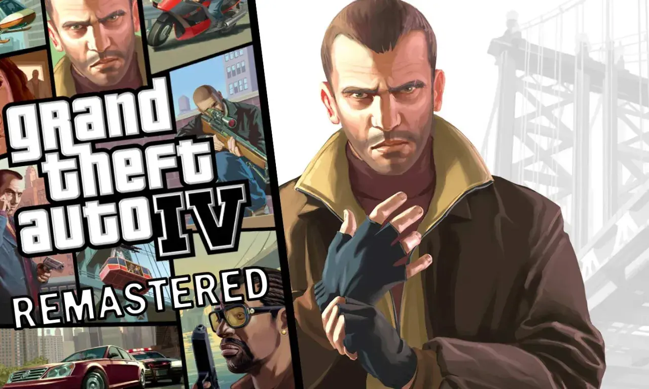 Niko Bellic blickt entschlossen, während das "Grand Theft Auto IV Remastered"-Logo und Szenen aus Liberty City im Hintergrund zu sehen sind.