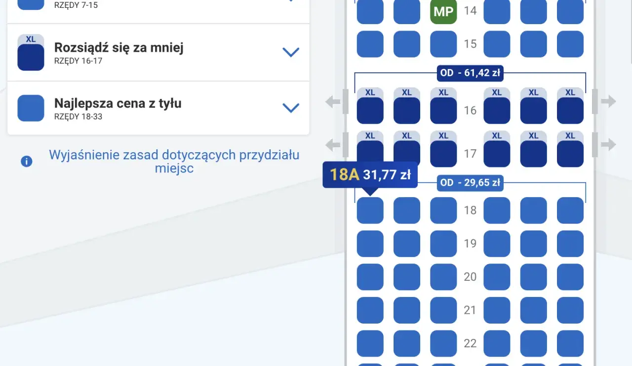 Wybór miejsca 18A kosztuje 31,77 zł. Sprawdzam, ile kosztuje przebukowanie biletu Ryanair, by wybrać lepsze miejsce.