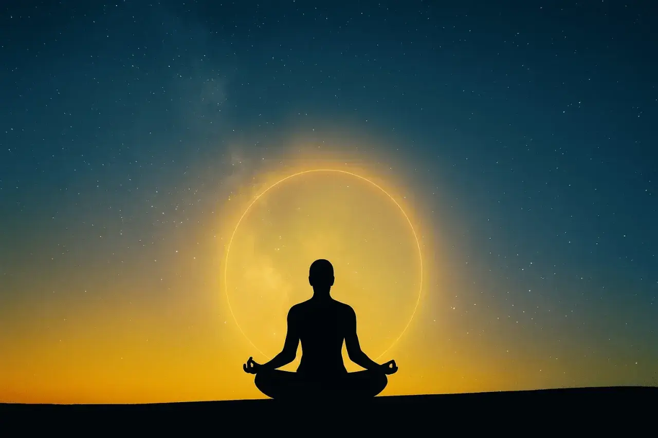 Silueta de persona meditando bajo un halo de luz dorada, rodeada de estrellas. Un momento de profunda sanación energética.