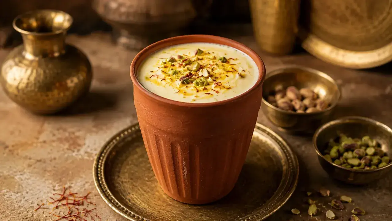 En krämig mango lassi i en terrakottaglas, toppad med pistagenötter och saffran.