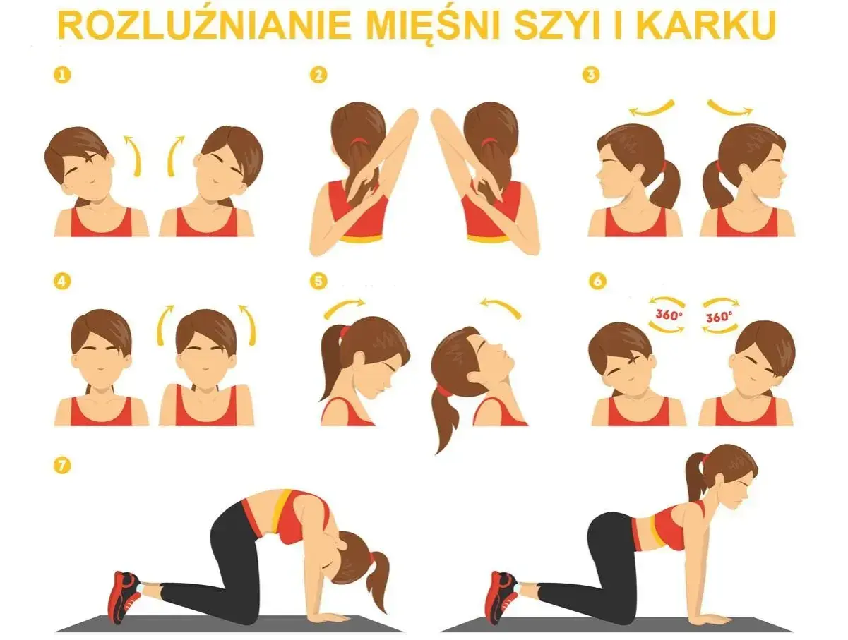 Ilustracja pokazuje ćwiczenia na ból karku: skłony głowy, krążenia, unoszenie barków i pozycje "koci grzbiet" oraz "krowa".