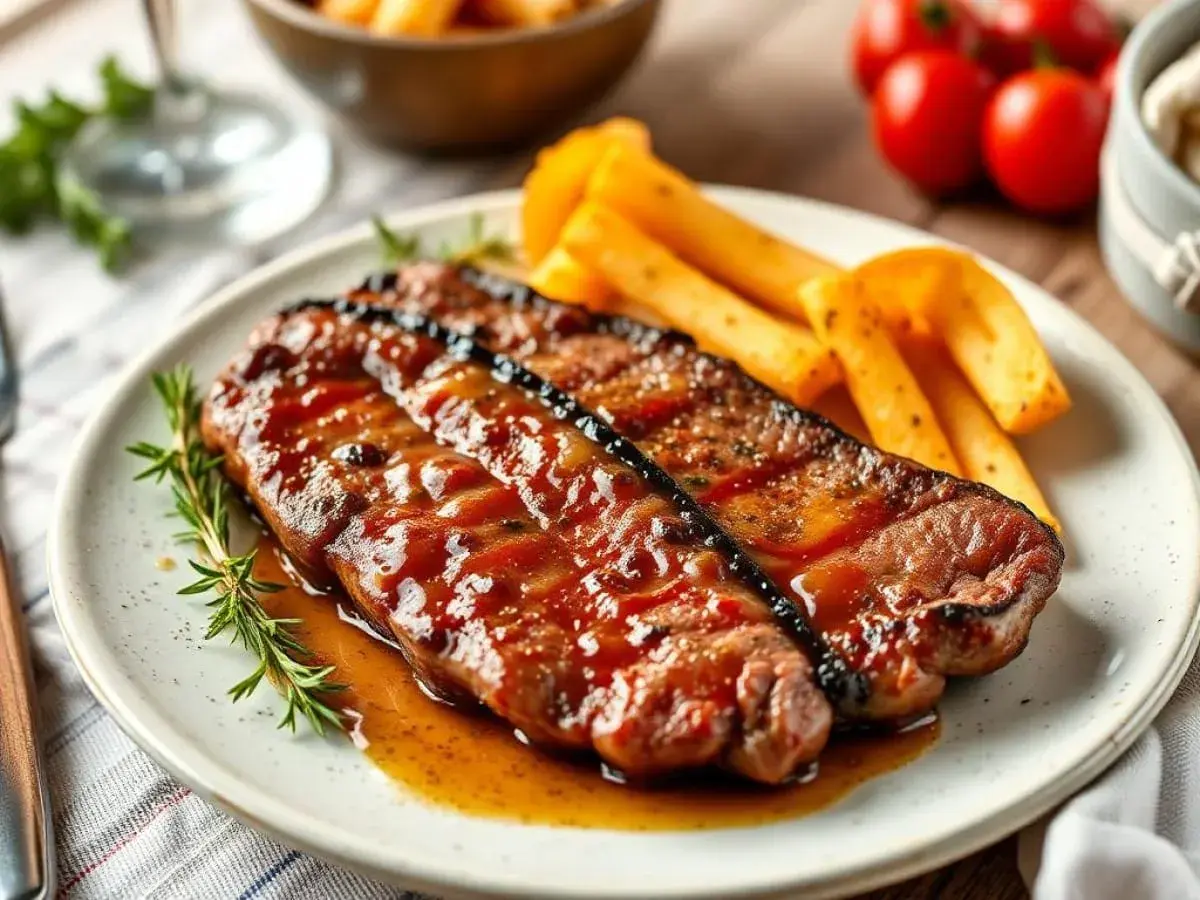 Délicieux rumsteak recette, nappé d'une sauce savoureuse, servi avec des frites croustillantes et une touche de romarin frais.