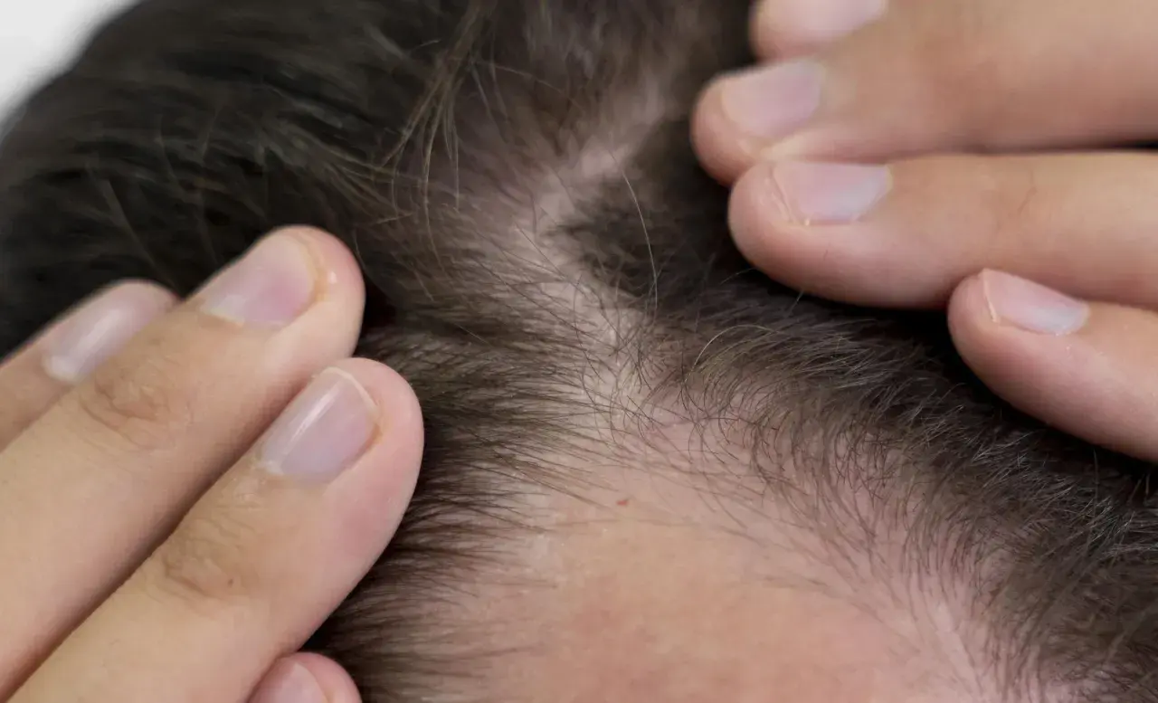 Manos revisando el cuero cabelludo, observando el ciclo cabello y su posible debilitamiento.