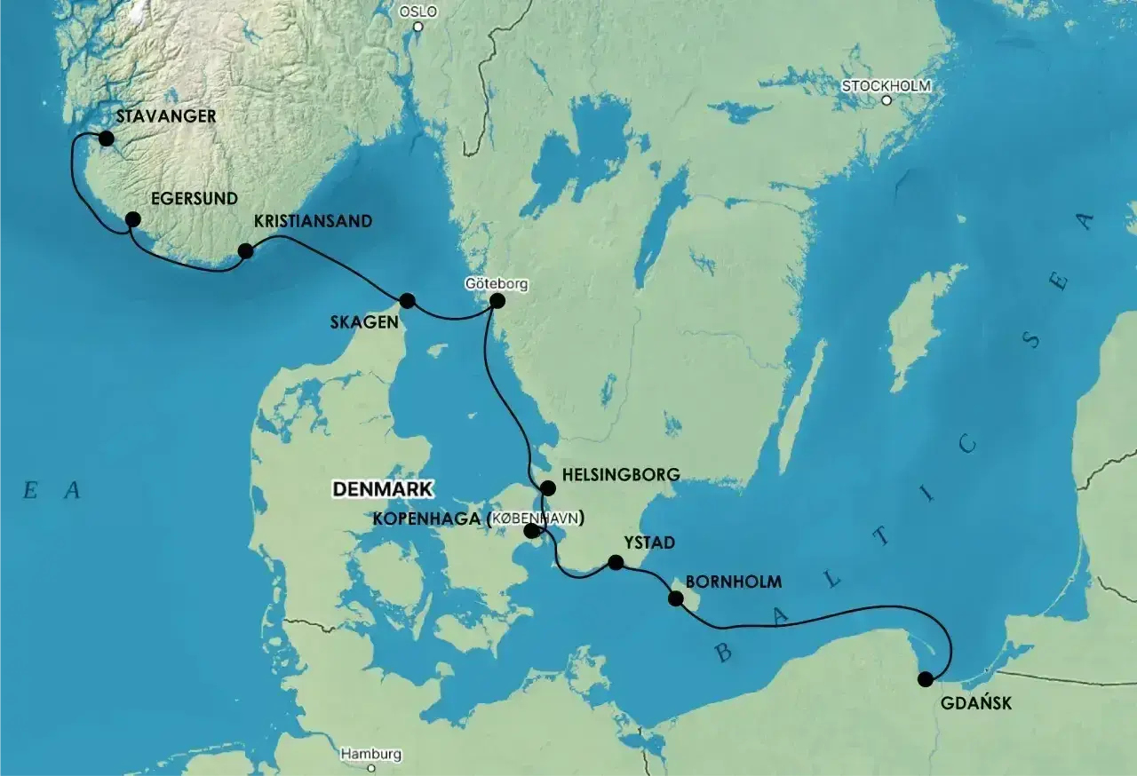 Trasa podróży samochodem do Szwecji przez Danię i Morze Bałtyckie, z przystankami w Kopenhadze, Ystad i Bornholmie, a następnie do Gdańska.