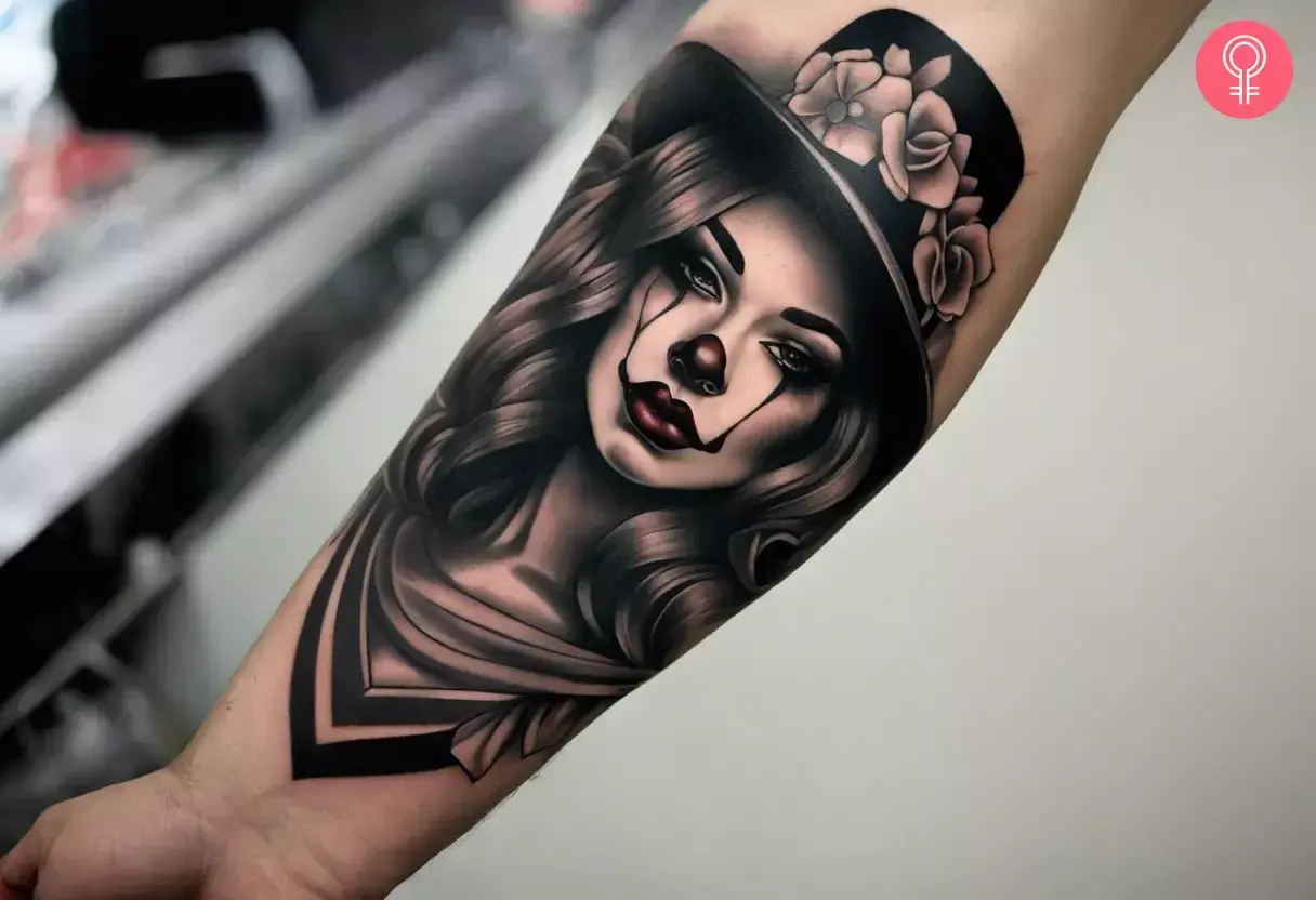 Un tatuaje chicano de una mujer con maquillaje de payaso, sombrero de copa adornado con rosas y cabello ondulado.