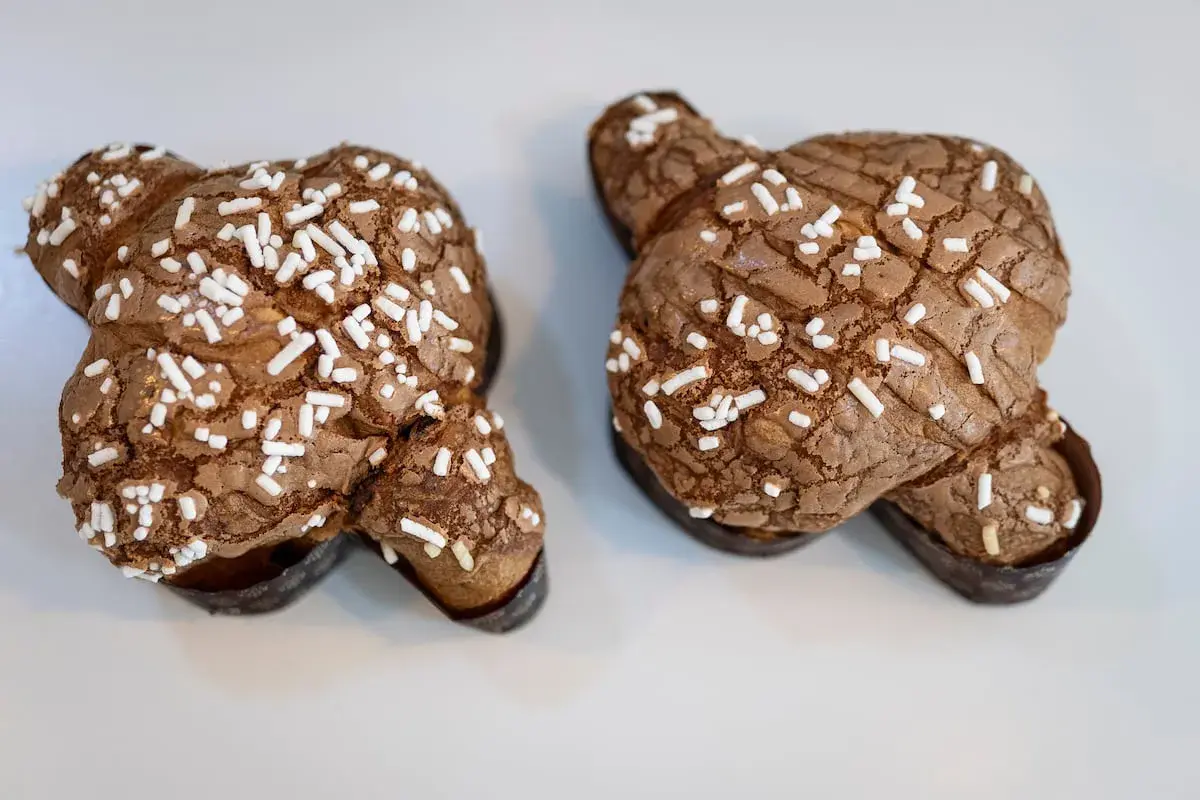 Dos deliciosas colomba de chocolate, cubiertas de azúcar perlado, listas para ser disfrutadas.