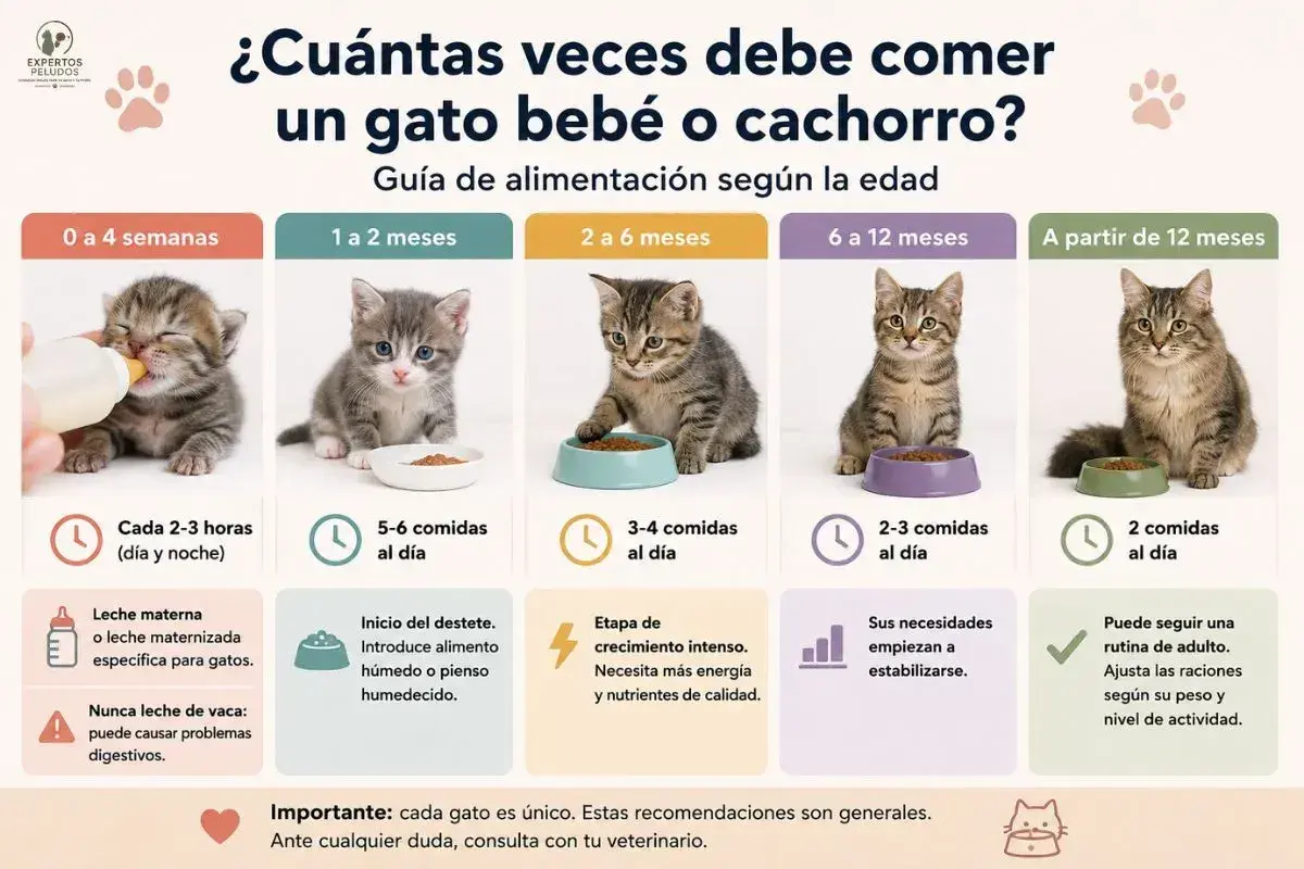 Guía de alimentación para gatitos: qué comen los gatos bebés varía según su edad, desde leche materna hasta comida sólida.