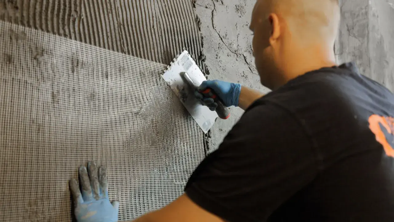 Hand mit blauer Handschuh trägt Mörtel auf ein Gitter auf der wu wand auf.