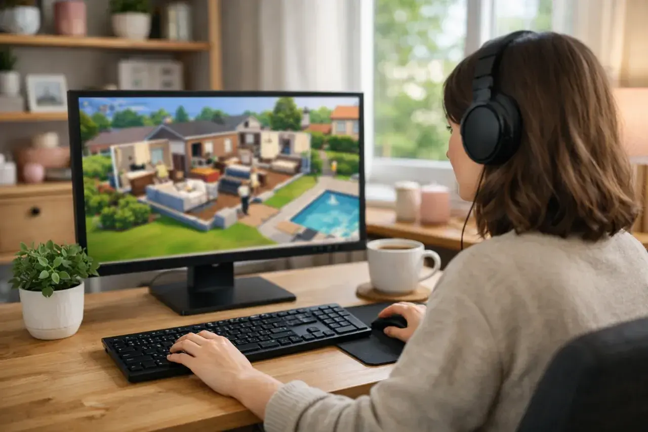 Une personne joue aux Sims 4 sur son PC, configurant une maison avec piscine.