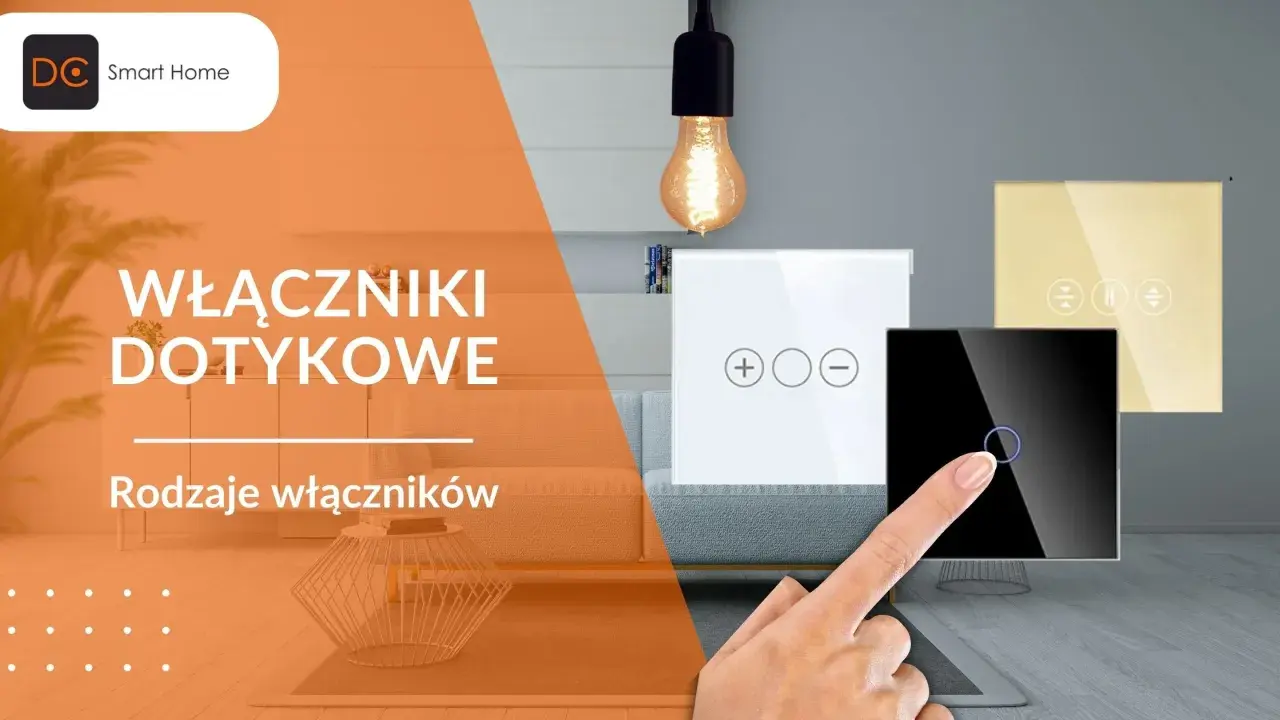 Różne rodzaje włączników światła: dotykowe, szklane, z ikonami plus, minus i okręgu.