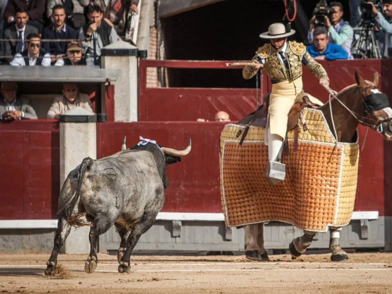 Joaquín Moreno Silva, un torero a caballo, se enfrenta a un toro en la arena.