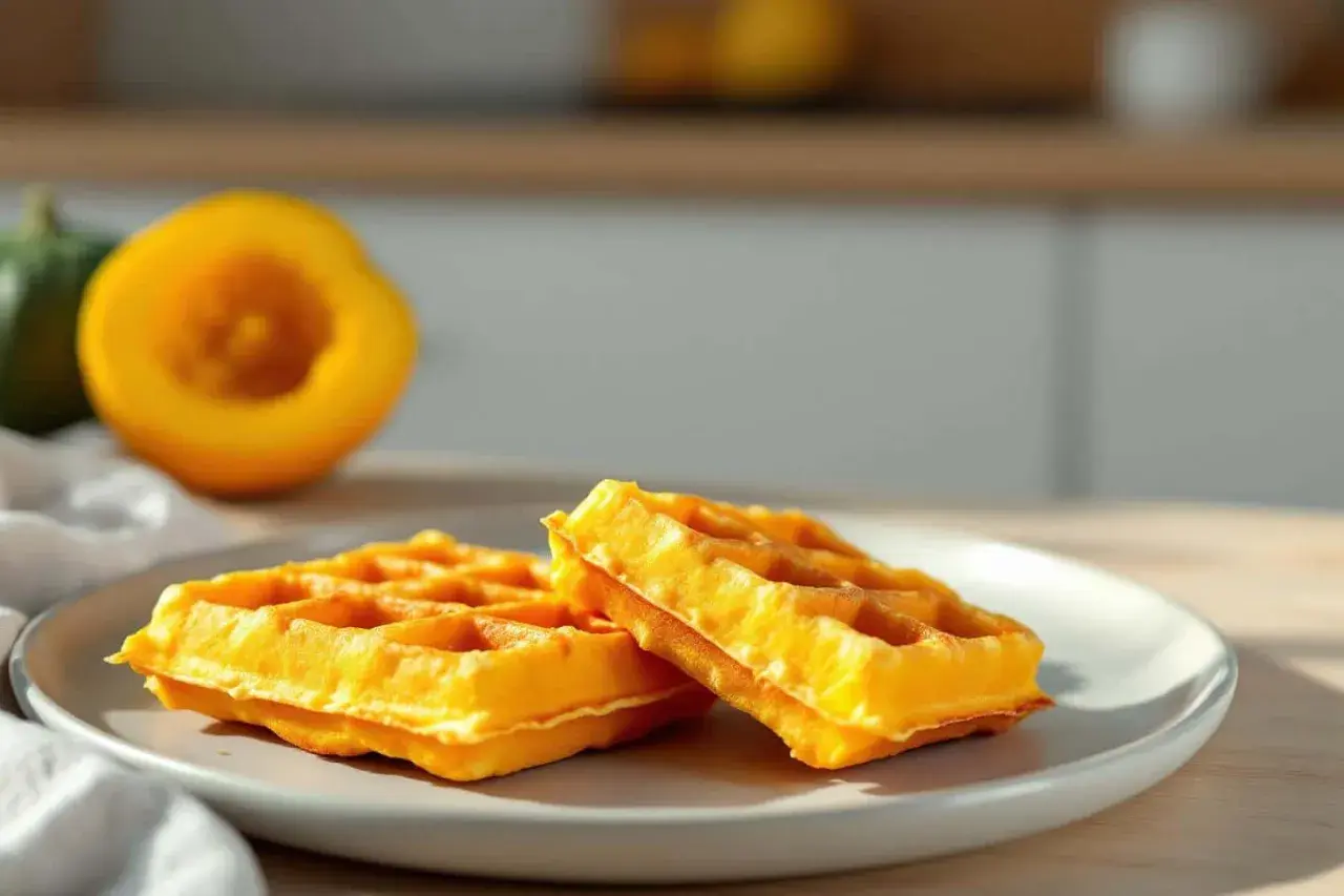 Deux gaufres lyonnaises dorées sur une assiette, avec une courge coupée en deux en arrière-plan.