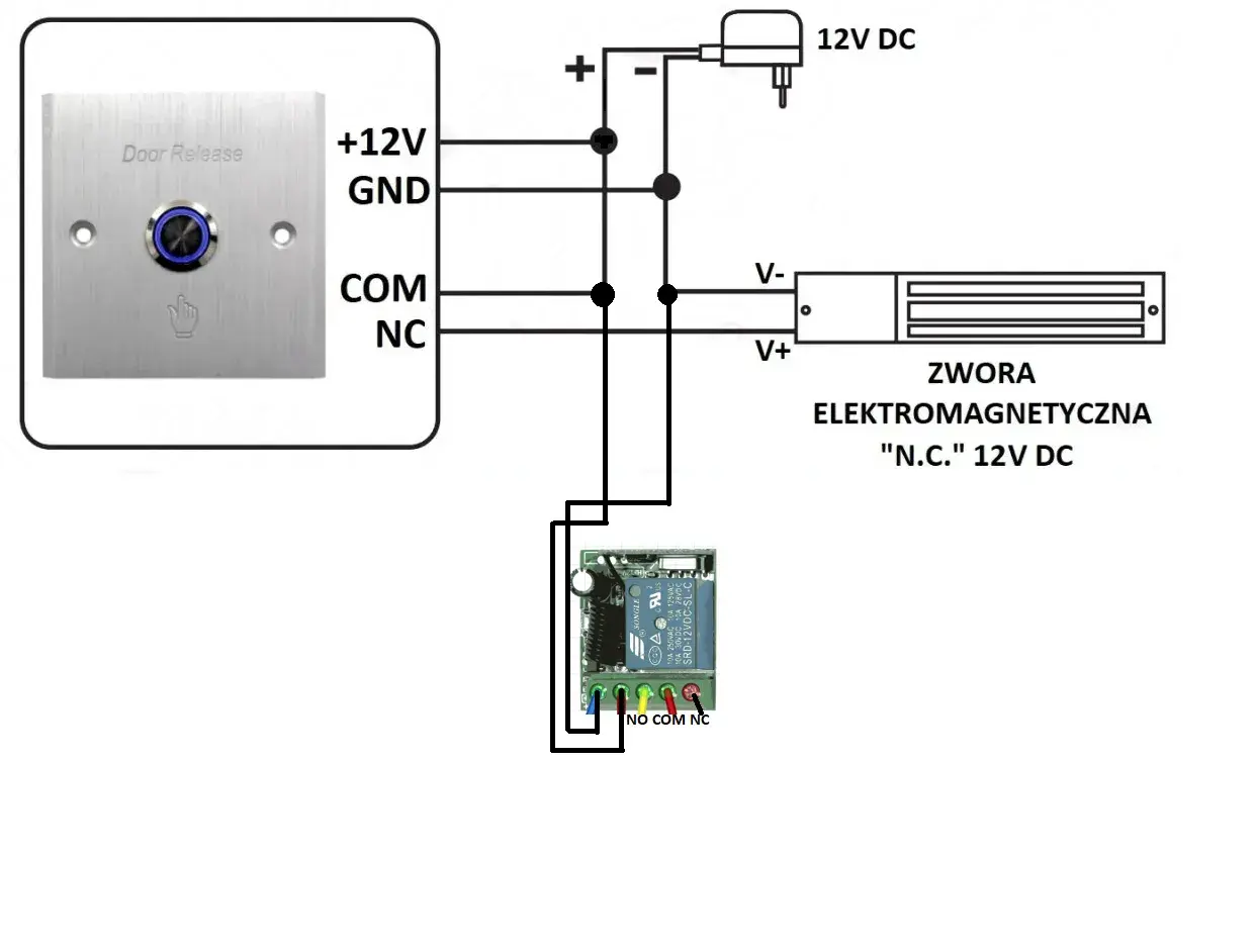 Schemat podłączenia przycisku "Door Release" do zwory elektromagnetycznej 12V DC. Jak podłączyć dodatkowy przycisk do otwierania furtki.
