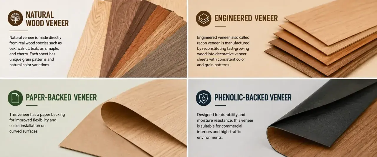 Impiallacciato: campioni di legno naturale, ingegnerizzato, con supporto in carta e fenolico. Ogni tipo ha un significato e un uso specifico.