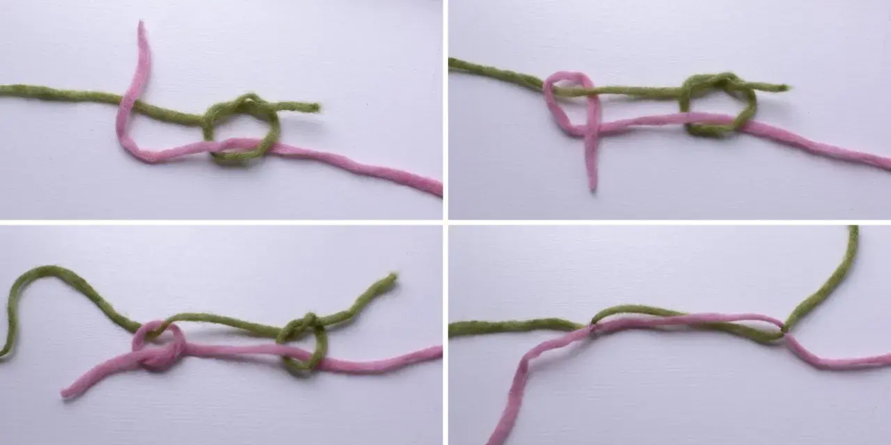 Instruktioner för att knyta en knut med rosa och grönt garn. Som en elegant knut i en sleek bun.