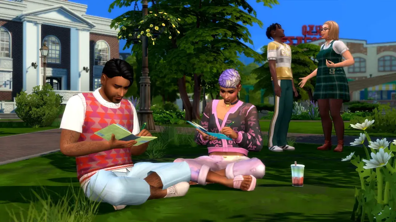 Simowie uczą się na trawie, być może korzystając z kodu na umiejętności przedsiębiorcze The Sims 4, by rozwijać swoje talenty.