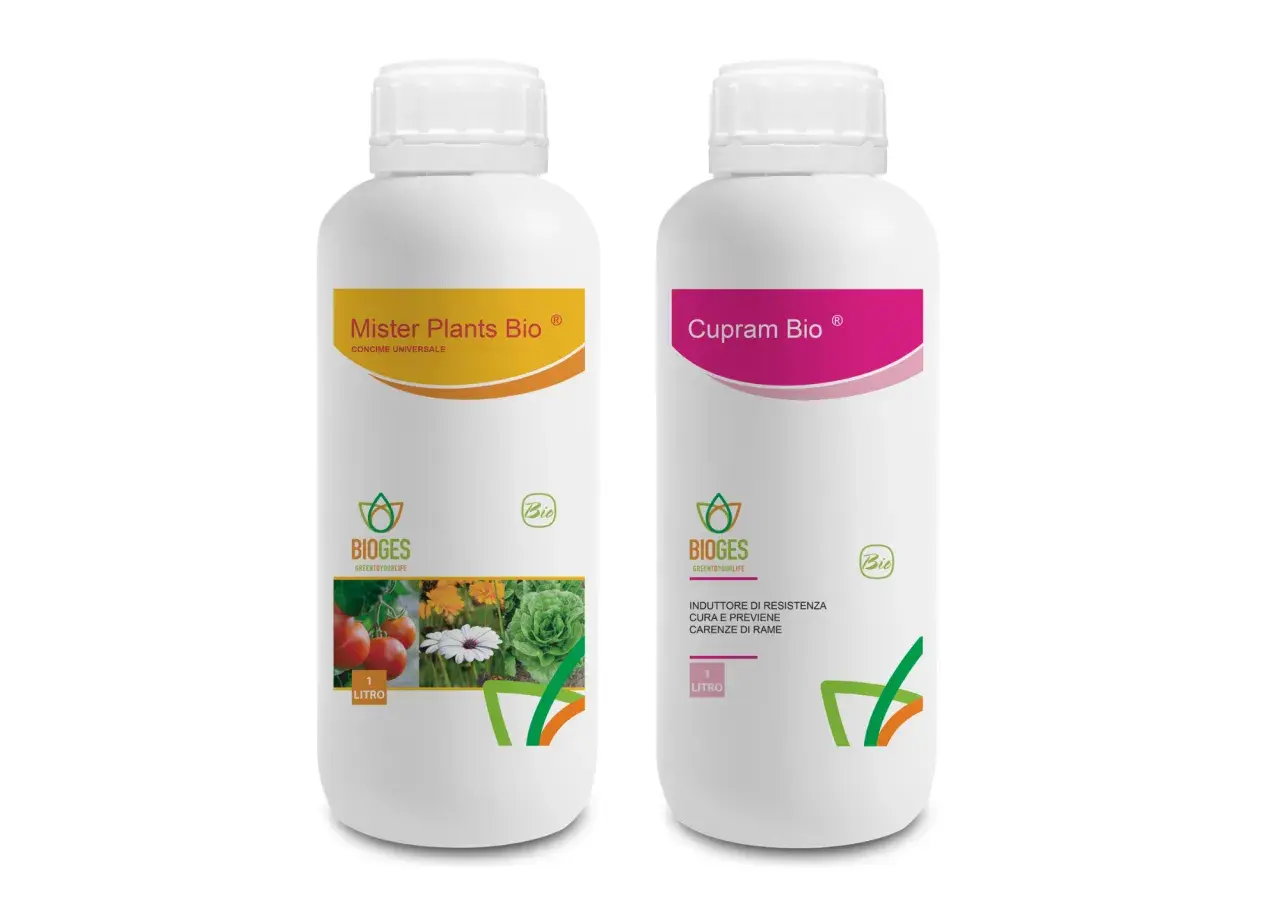 Due flaconi di concime per basilico e altre piante: Mister Plants Bio universale e Cupram Bio per carenze di rame.