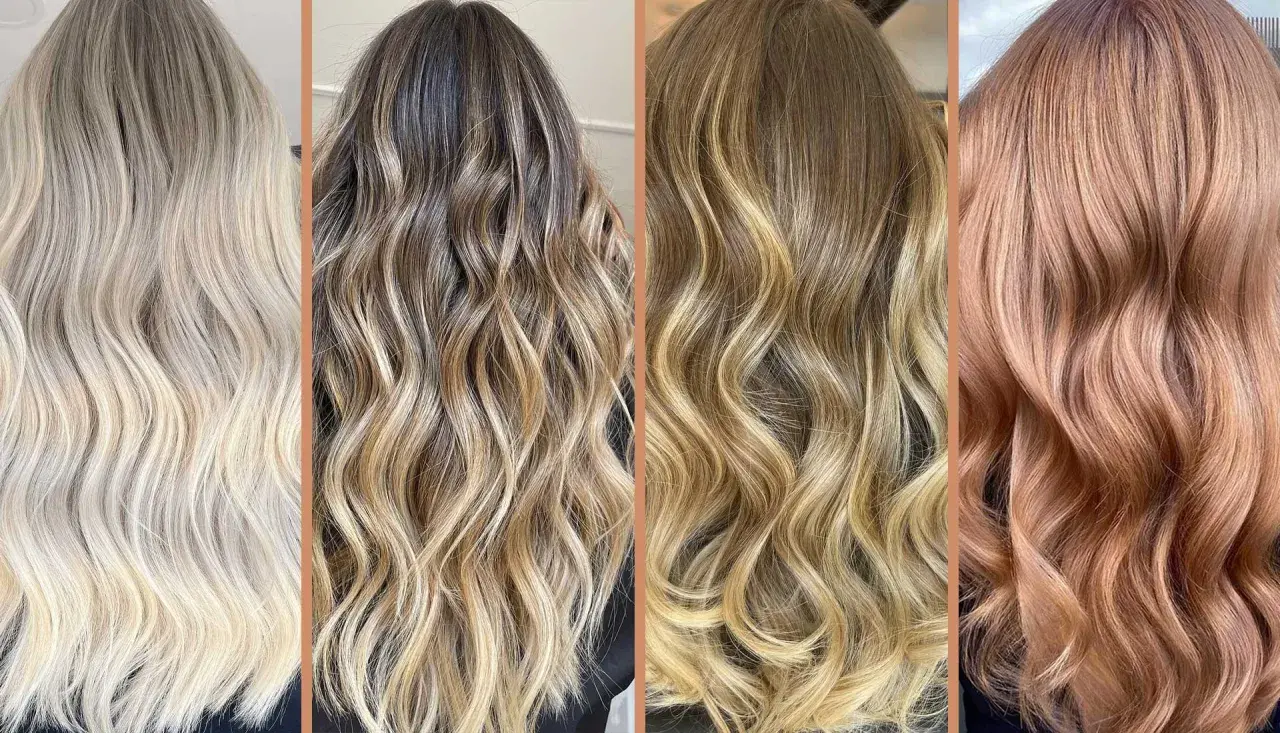 Quattro acconciature con diverse tonalità di colore biondo, dal platino al rame rosato, con onde morbide.
