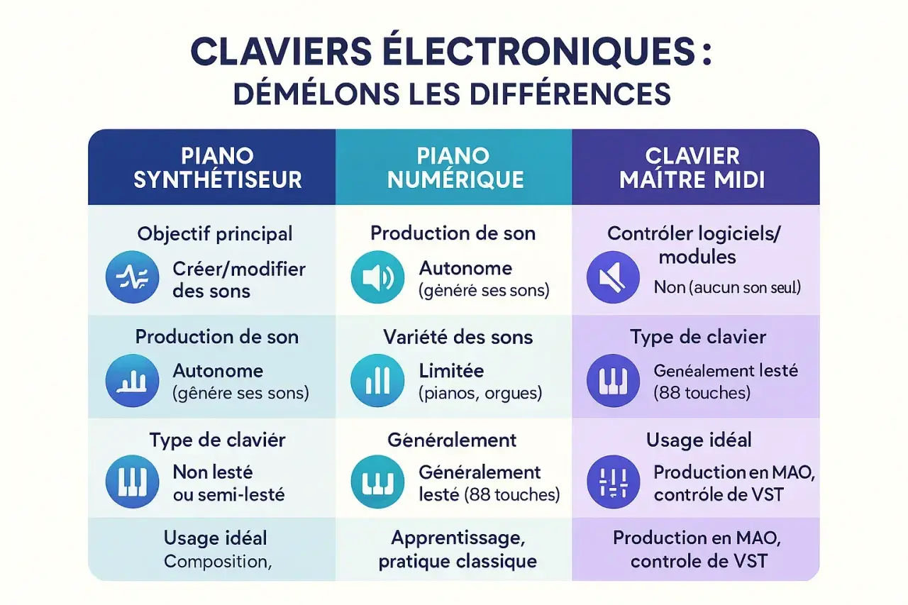 Tableau comparatif des claviers électroniques : synthétiseur, piano numérique ou clavier maître MIDI.