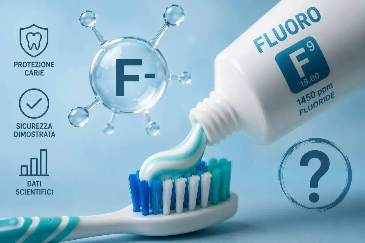 Dentifricio al fluoro esce dal tubetto su uno spazzolino. Icone indicano protezione carie, sicurezza e dati scientifici. Il fluoro fa male?