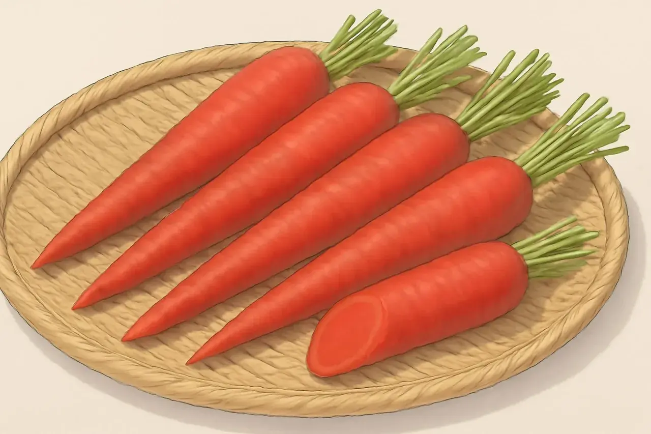 A woven tray holds five vibrant, fresh japanese carrot roots with green tops. One carrot is sliced, revealing its bright orange interior.