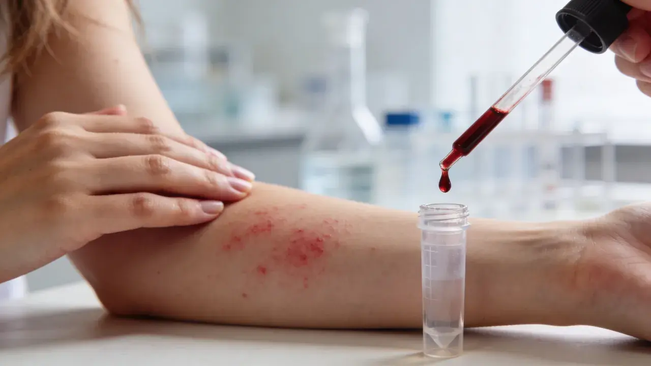Hautirritationen am Arm, die auf eine innere Hitze Allergie hindeuten. Ein Tropfen Blut fällt aus einer Pipette in ein Röhrchen.
