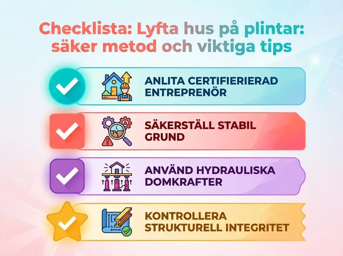 Checklista för att lyfta hus med domkraft: Anlita proffs, säkerställ grunden, använd hydrauliska domkrafter och kontrollera strukturen.