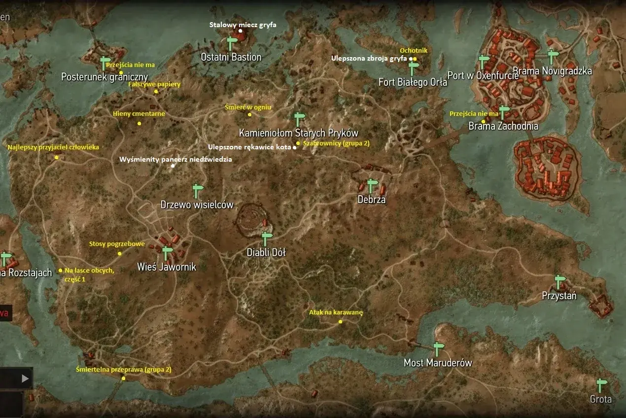 Mapa świata gry z zaznaczonymi lokacjami, takimi jak Ostatni Bastion, Wieś Jawornik i Kamieniołom Starych Pryków. Widać też ślady poszukiwań rynsztunek szkoły gryfa.
