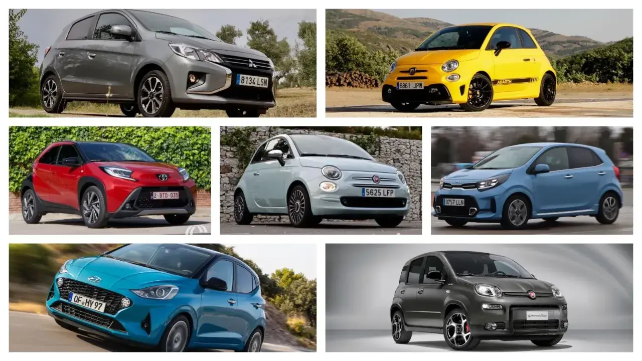 Colección de coches urbanos: un Mitsubishi gris, un Abarth amarillo, un Toyota rojo, un Fiat 500 azul claro, un Kia azul, un Hyundai azul y un Fiat Panda gris.