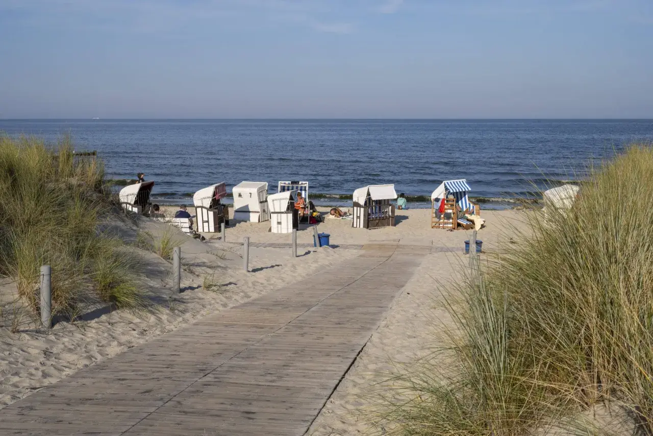 Strandkörbe am Ostseestrand, ein Holzweg führt zur See. Ein Hauch von Berlin-Urlaub an der Küste.