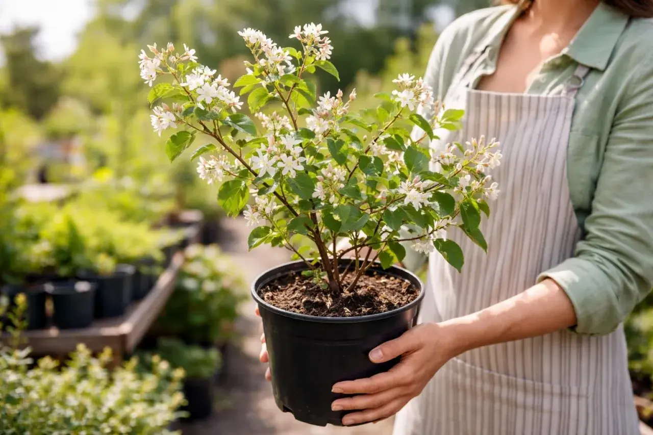Eine Person hält einen Topf mit einer blühenden Amelanchier ovalis. Die zarten weißen Blüten schmücken den Strauch.
