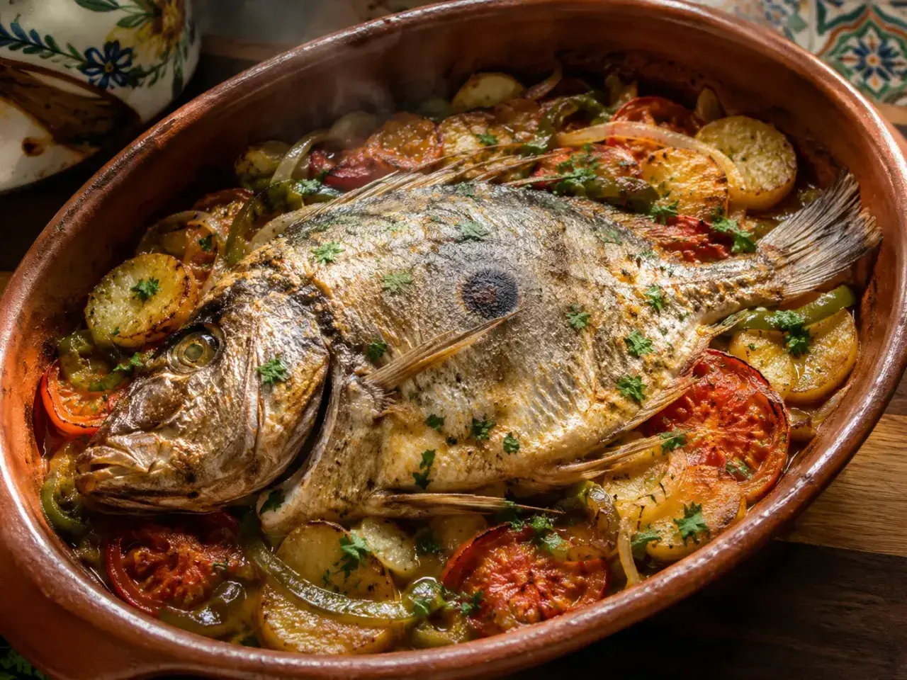 Pez San Pedro horneado con patatas, tomates y pimientos en una cazuela de barro.