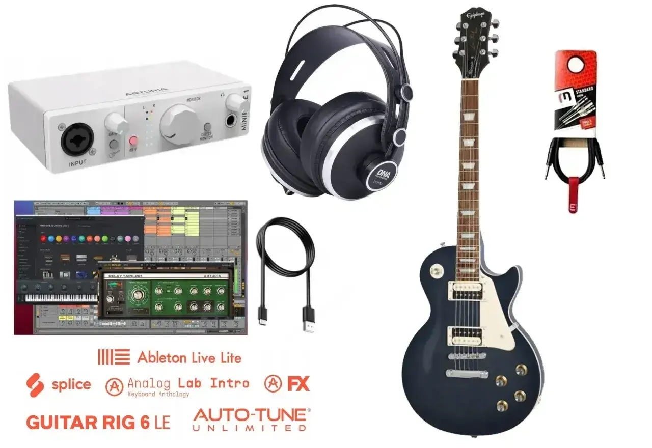 Potrzebne do gitary elektrycznej: gitara, słuchawki, interfejs audio, kable, oprogramowanie muzyczne.