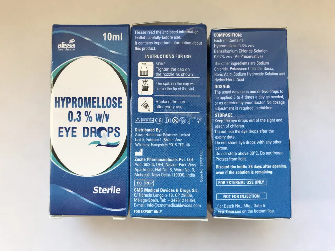 Pudełko kropli do oczu Hypromeloza 0,3% w/w, 10 ml, z instrukcją użycia.