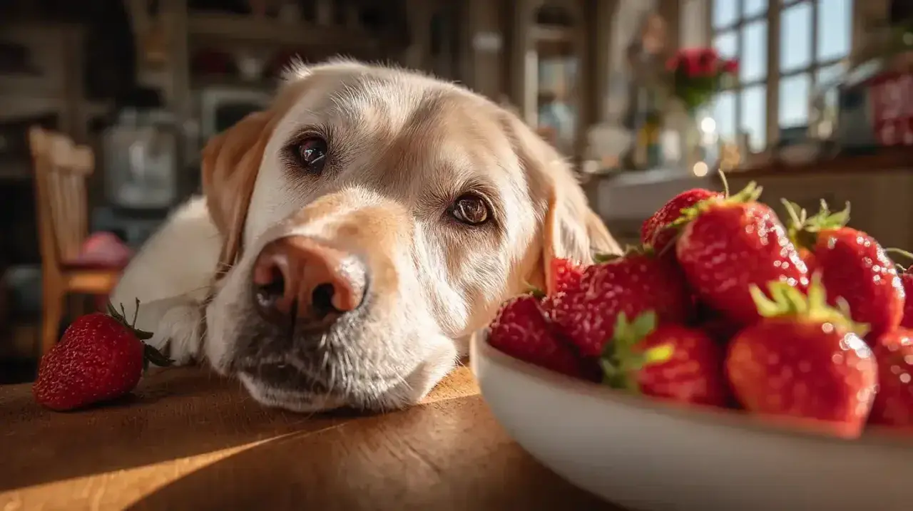 A golden retriever looks longingly at a bowl of strawberries, wondering if dogs can eat strawberry tops.