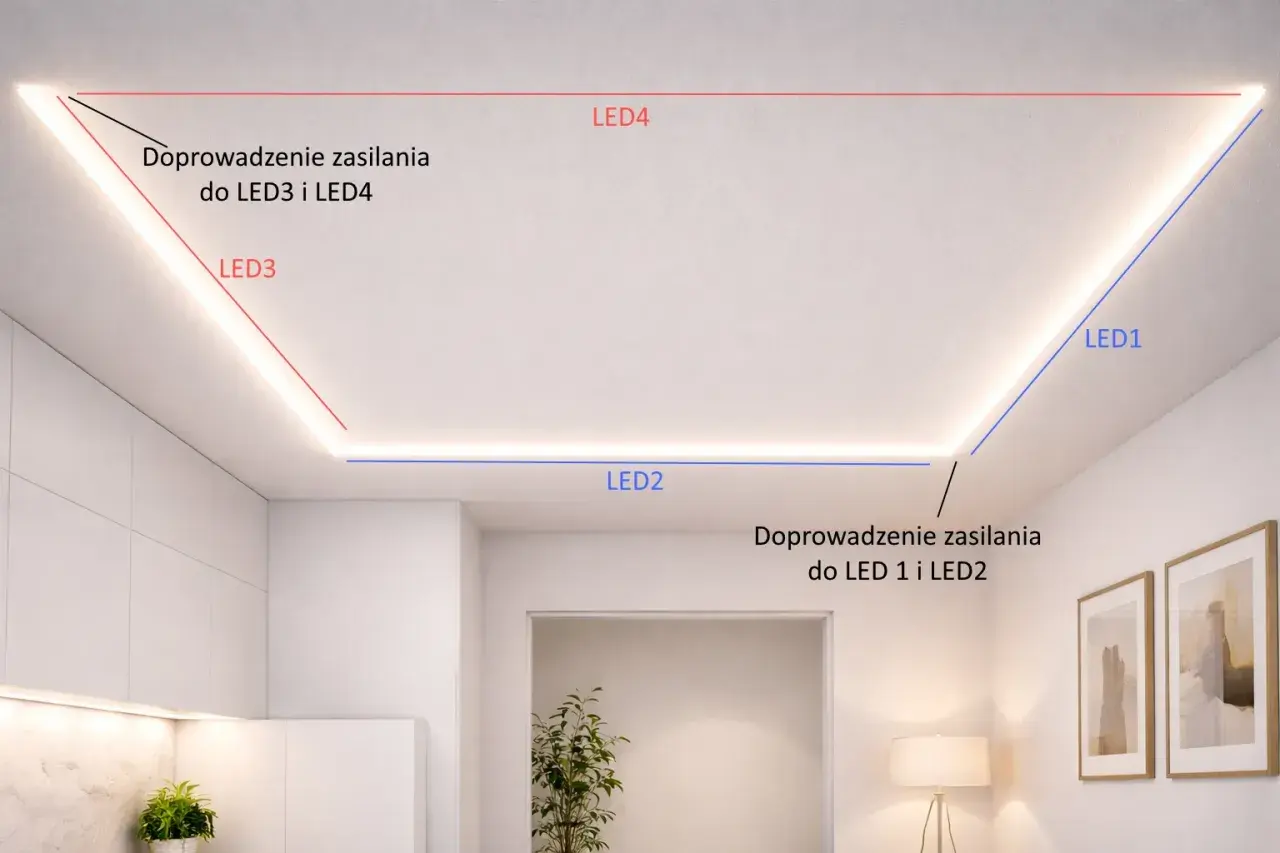 Oświetlenie sufitowe zasilane z dwóch stron. Linie czerwona i niebieska pokazują doprowadzenie zasilania do taśm LED.