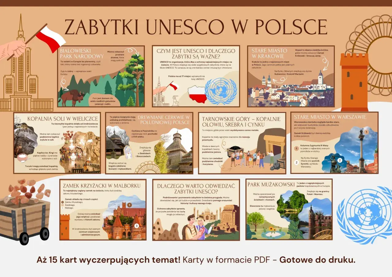 Infografika prezentuje zabytki UNESCO w Polsce: Puszczę Białowieską, Kopalnię Soli w Wieliczce, drewniane cerkwie, Tarnowskie Góry, Stare Miasta w Krakowie i Warszawie, Zamek w Malborku i Park Mużakowski.