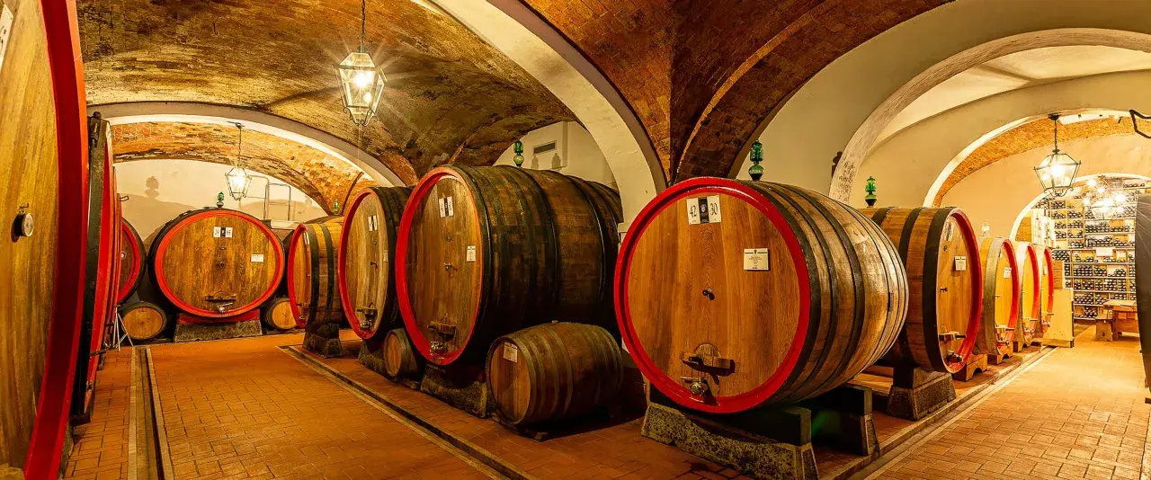 Le cantine di Montepulciano, con botti di legno e soffitti a volta in mattoni, custodiscono il vino.