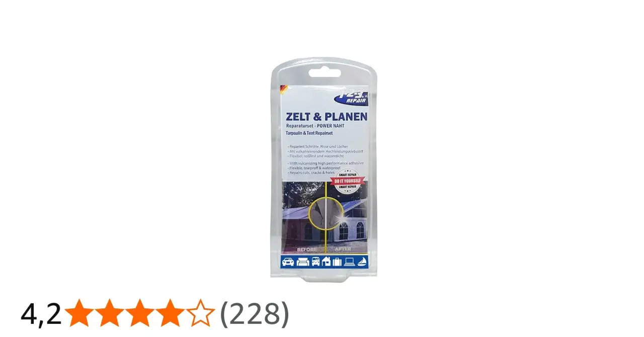 Reparaturset für Zelt und Planen. Ideal zum zelt flicken, mit vulkanisierendem Klebstoff, flexibel und wasserdicht.