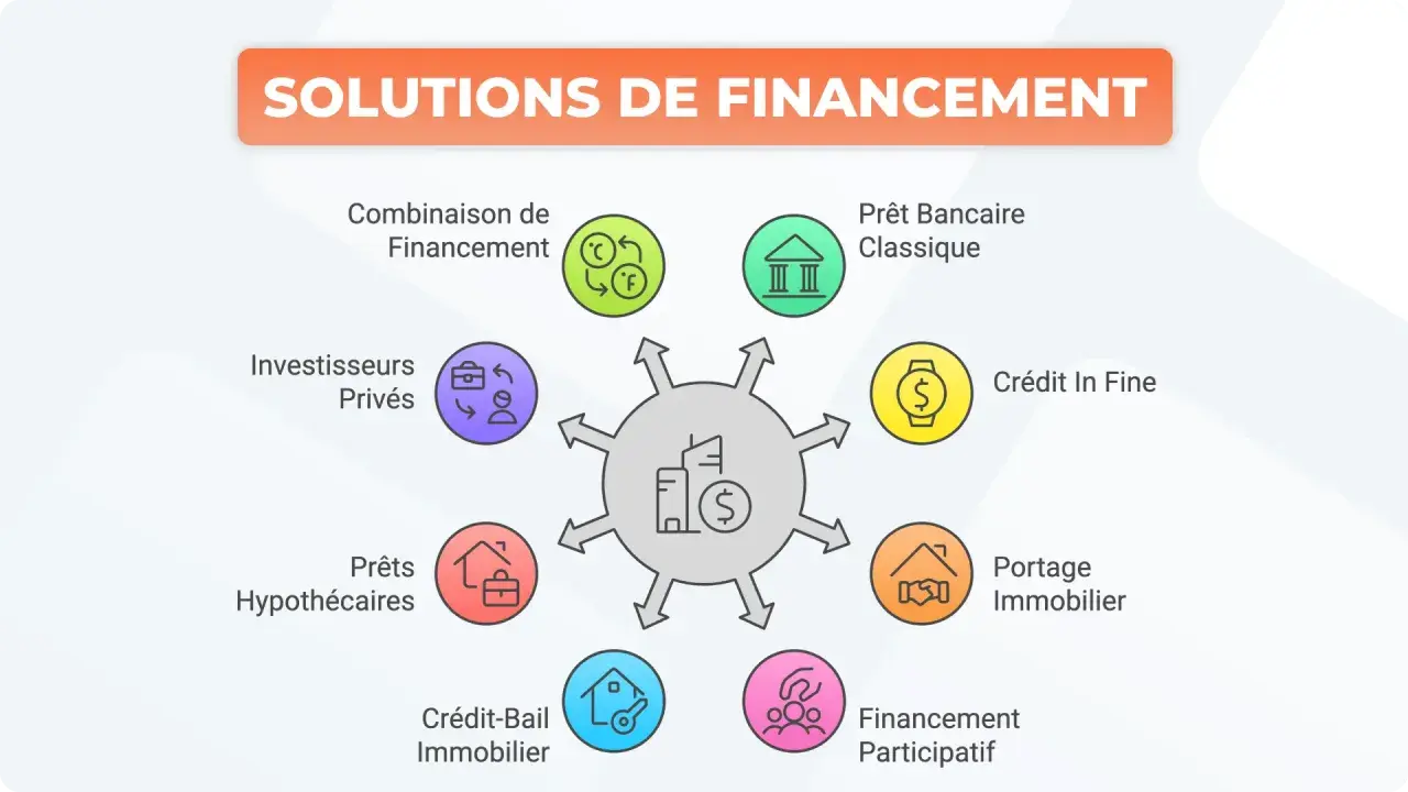Schéma des solutions de financement : prêt terrain, prêts hypothécaires, crédit-bail, portage immobilier, crédit in fine, prêt bancaire, investisseurs privés, combinaison de financement.