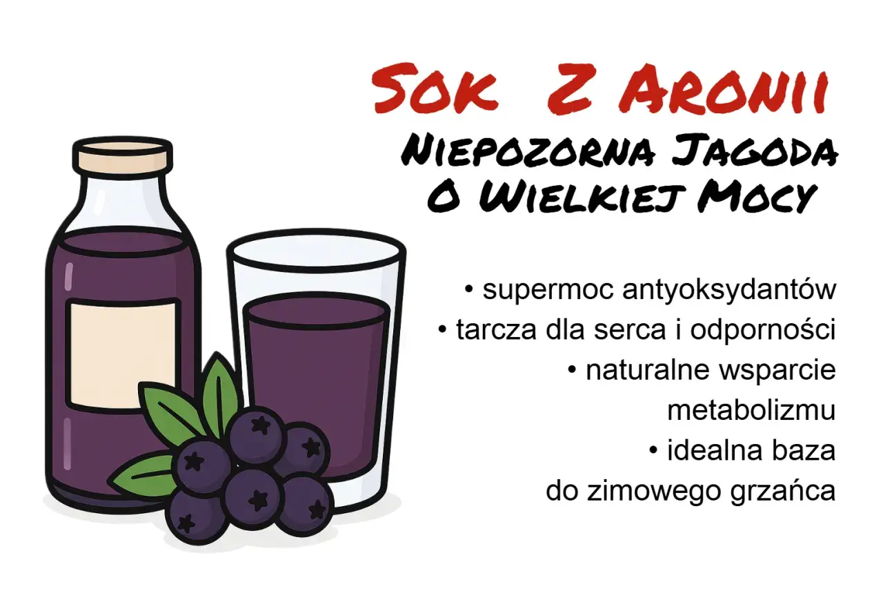 Sok z aronii w butelce i szklance, z owocami i liśćmi. Podkreśla jego moc antyoksydacyjną i wsparcie dla zdrowia.